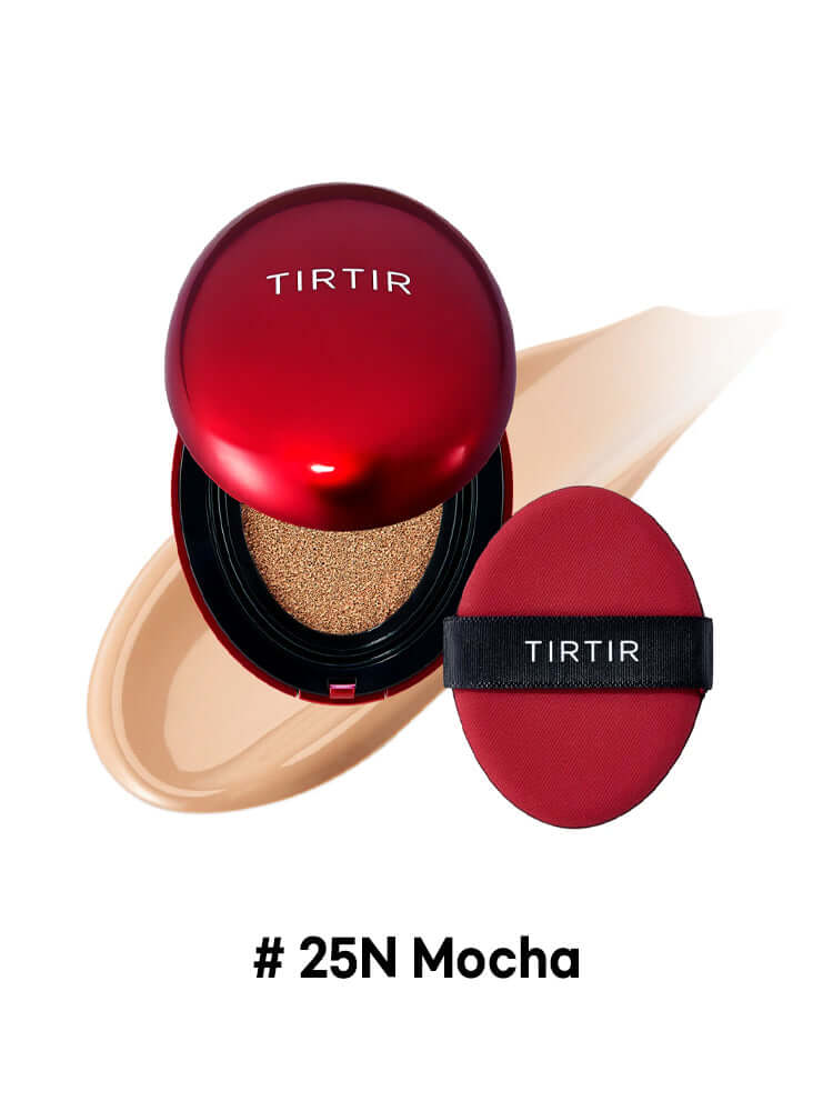 TIRTIR Mini Mask Fit Red Cushion 4.5g in #25N Mocha shade with makeup applicator and foundation swatch.
