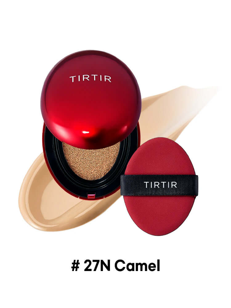 TIRTIR Mask Fit Red Cushion Mini 4.5g in shade #27N Camel with applicator and cream swatch.