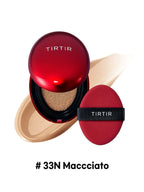 TIRTIR Mini Mask Fit Red Cushion 4.5g in shade #33N Macchiato with compact and puff on a beige background.