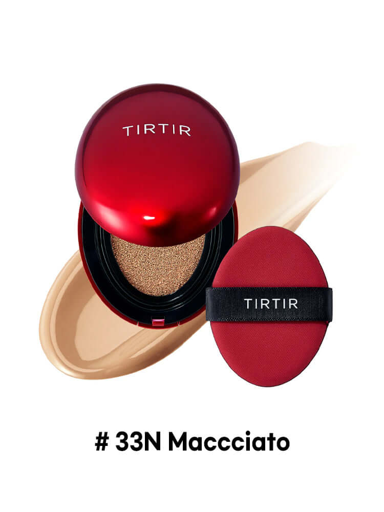 TIRTIR Mini Mask Fit Red Cushion 4.5g in shade #33N Macchiato with compact and puff on a beige background.