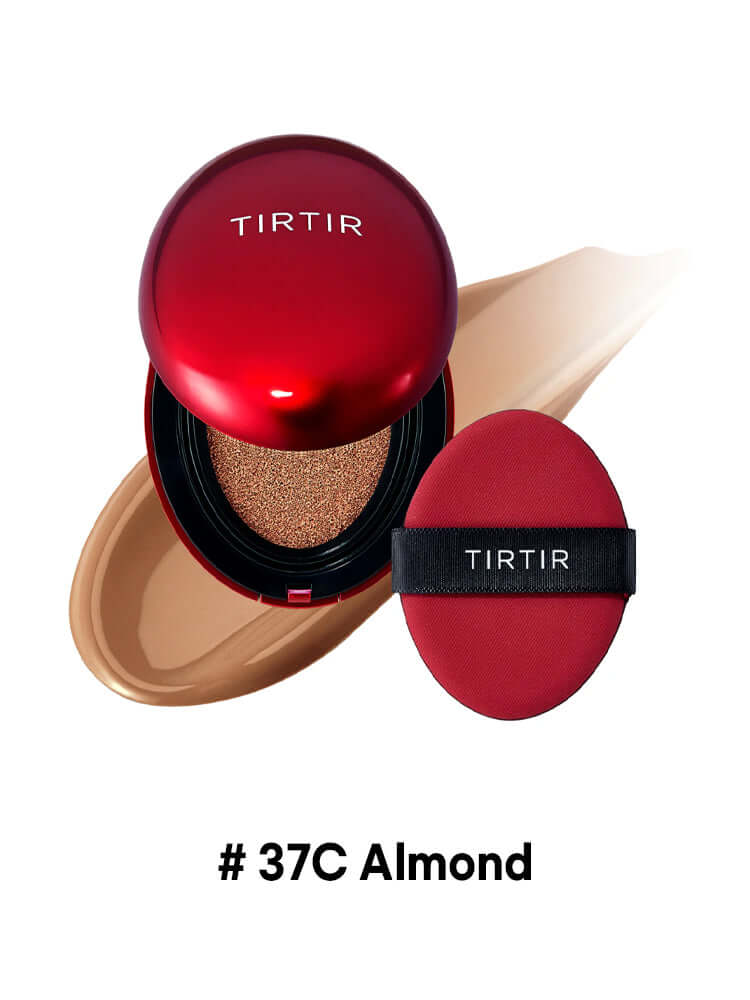 TIRTIR Mini Mask Fit Red Cushion 4.5g compact with #37C Almond shade and applicator sponge.