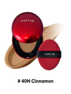 TIRTIR Mini Mask Fit Red Cushion 4.5g in shade #40N Cinnamon with applicator and cream swatch.
