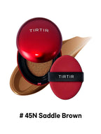 TIRTIR Mini Mask Fit Red Cushion 4.5g in a compact with a sponge, showcasing # 45N Saddle Brown shade and creamy texture.