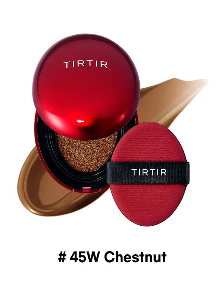 TIRTIR Mini Mask Fit Red Cushion 4.5g with # 45W Chestnut shade and applicator sponge.