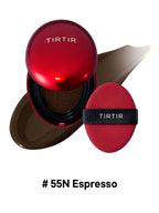 TIRTIR Mini Mask Fit Red Cushion 4.5g with # 55N Espresso shade, showcasing compact design and applicator.