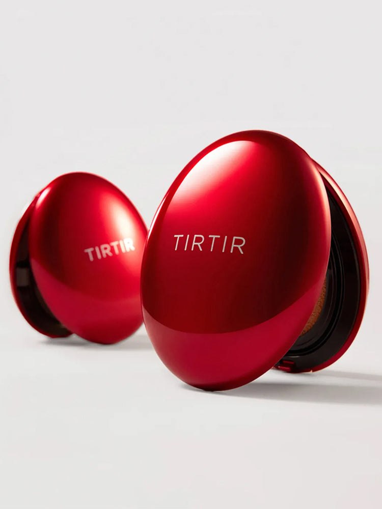 TIRTIR Mini Mask Fit Red Cushion 4.5g compact packaging in shiny red cases, highlighting sleek design and travel-friendly size.