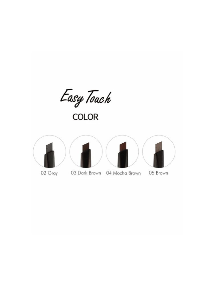 TONY MOLY Easy Touch Auto Eye Brow color options display featuring shades 02 Gray, 03 Dark Brown, 04 Mocha Brown, and 05 Brown.