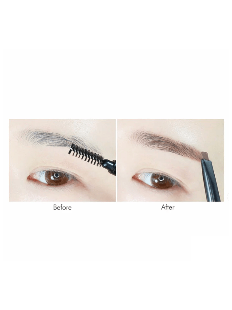 Before and after results using TONY MOLY Easy Touch Auto Eye Brow for natural-looking brows.