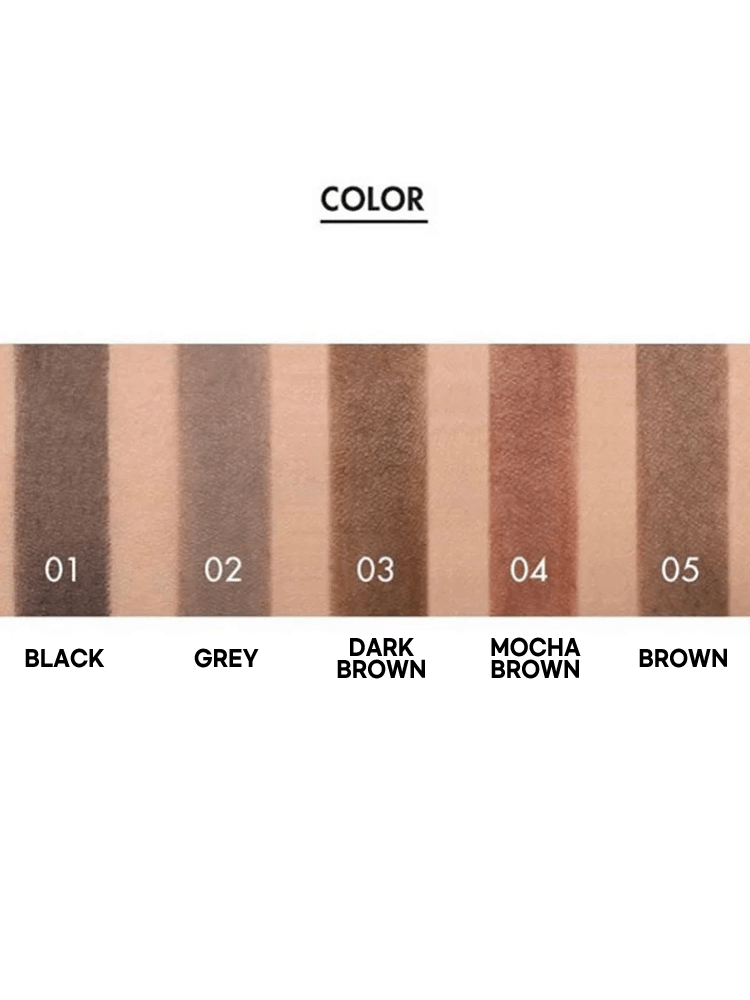 Swatches of TONY MOLY Easy Touch Auto Eye Brow shades: Black, Grey, Dark Brown, Mocha Brown, Brown.