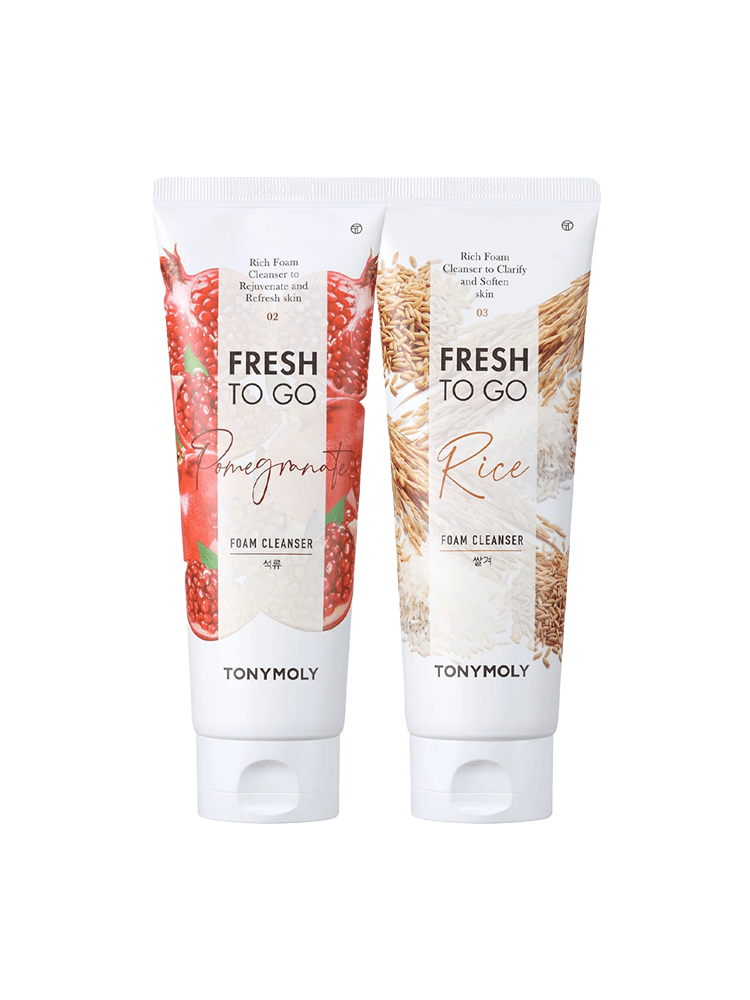 TONY MOLY Fresh To Go Foam Cleanser in Pomegranate and Rice variants, showcasing daily cleansing benefits.