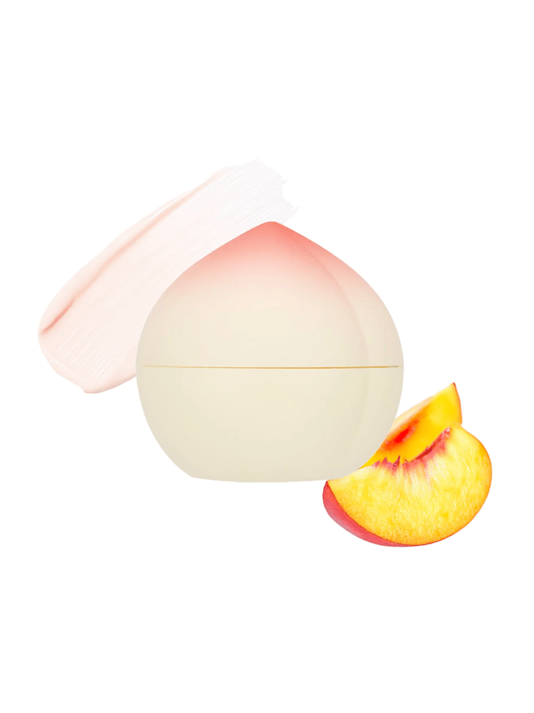 TONY MOLY Peach Hand Cream in a peach-shaped container with a peach slice and cream swatch.