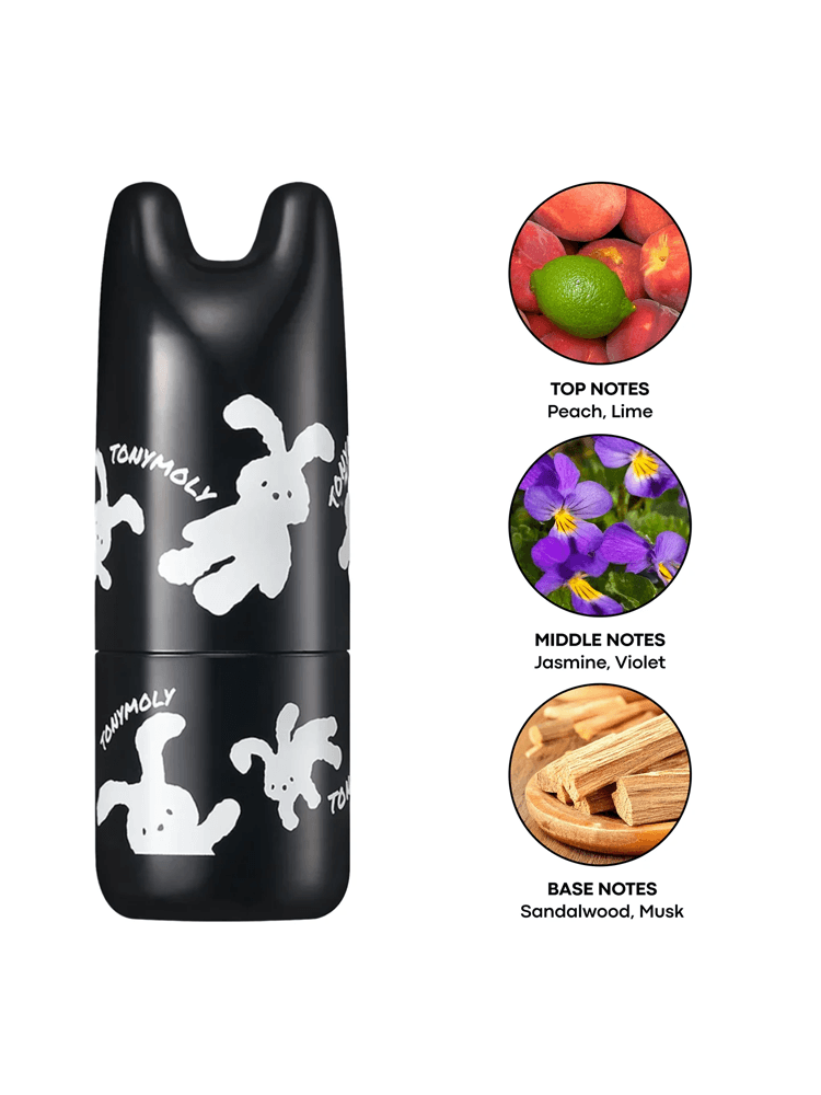 TONYMOLY Pocket Bunny Perfume Bar displays notes of peach, lime, jasmine, violet, sandalwood, and musk.