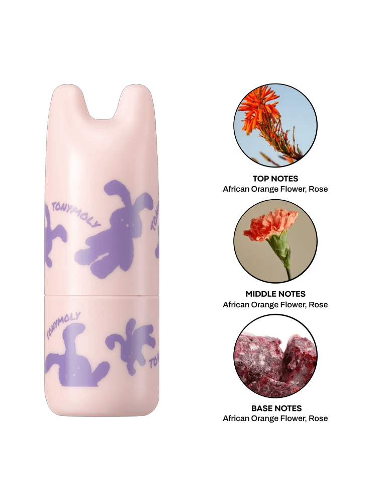 TONYMOLY Pocket Bunny Perfume Bar with floral notes illustration and playful bunny packaging.
