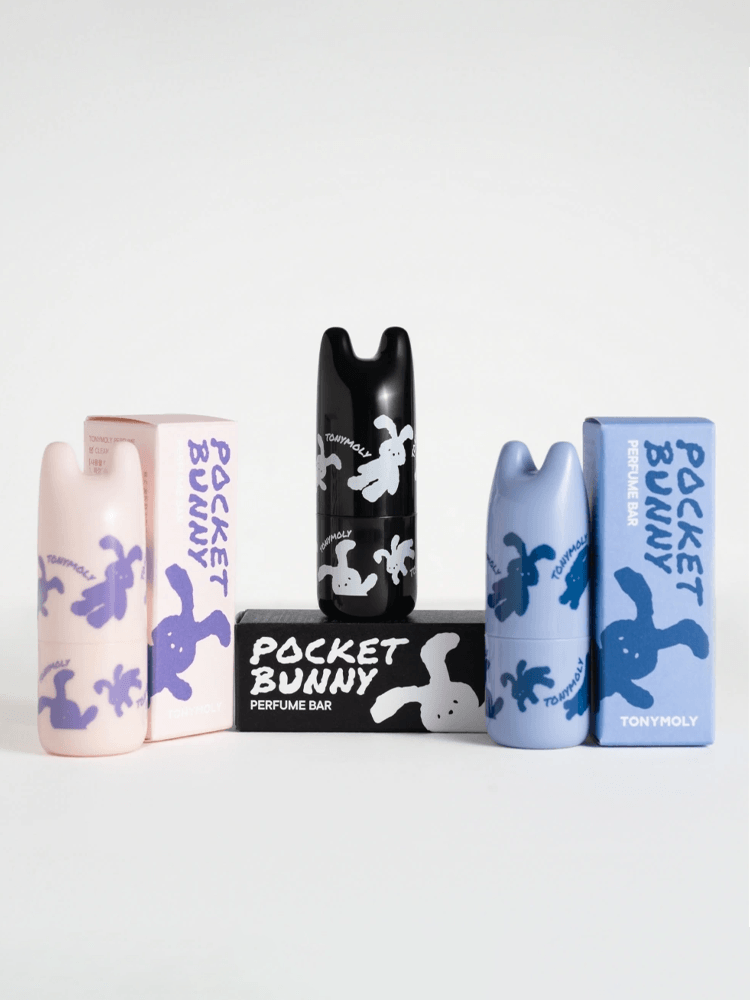 TONYMOLY Pocket Bunny Perfume Bar collection featuring multiple designs and colors in bunny-shaped cases.