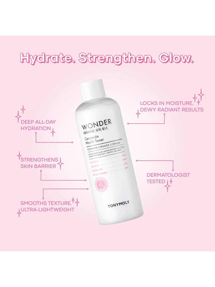 TONY MOLY Wonder Ceramide Mochi Toner 500ml bottle with hydration benefits and pink background.