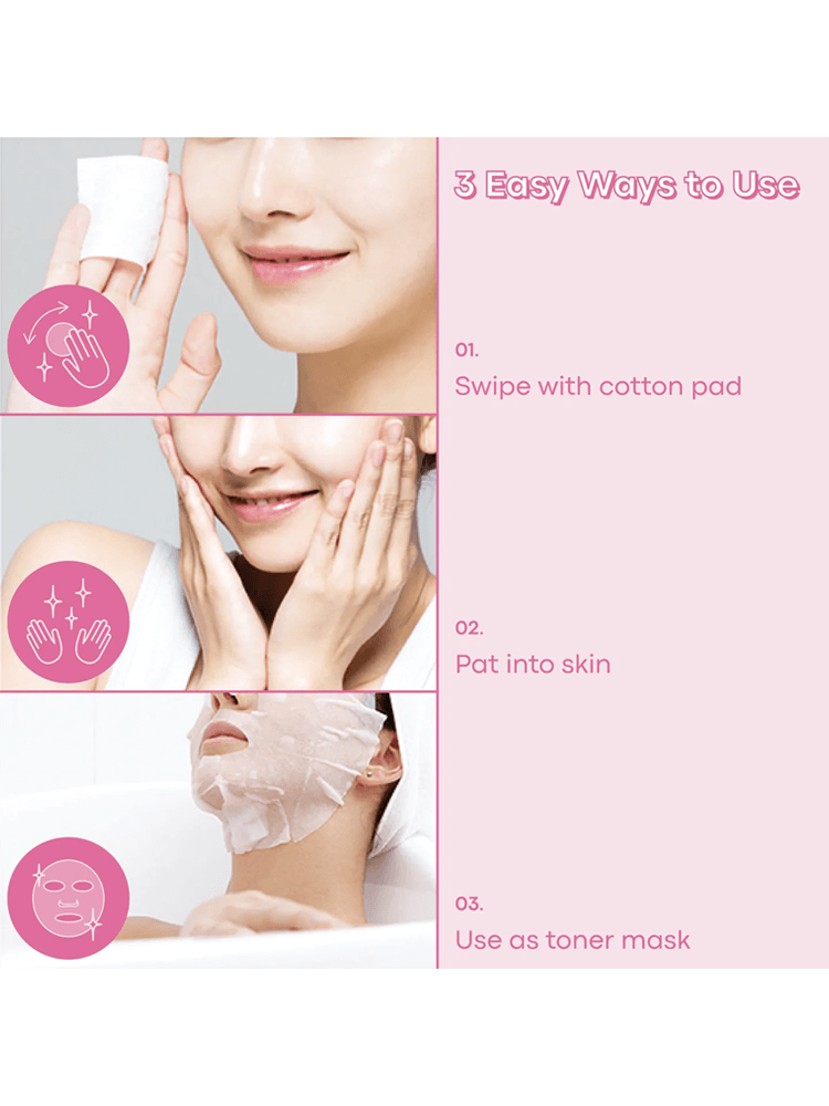 Image showing 3 easy ways to use TONY MOLY Wonder Ceramide Mochi Toner: swipe with cotton pad, pat into skin, use as toner mask.