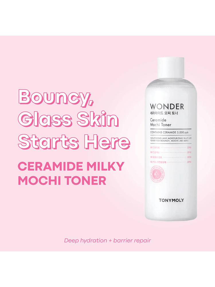 TONY MOLY Wonder Ceramide Mochi Toner 500ml bottle promoting hydration and skin barrier repair.