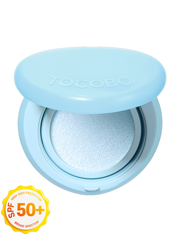 TOCOBO Blur Finish Sun Cushion 13g SPF50+/PA++++ in a light blue compact with soft texture.