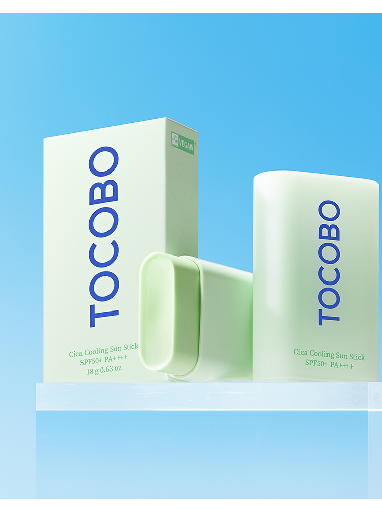 TOCOBO Cica Cooling Sun Stick 18g SPF50+/PA++++ packaging with a light blue background