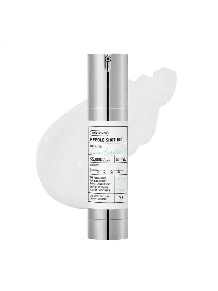 VT Reedle Shot 100 50ml skincare serum in silver bottle with white background
