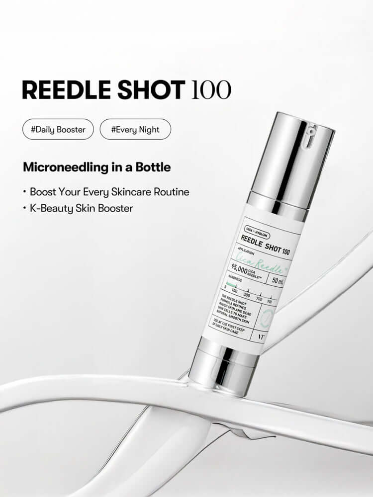 VT Reedle Shot 100 50ml skincare product in a sleek bottle with microneedling benefits for enhanced absorption.