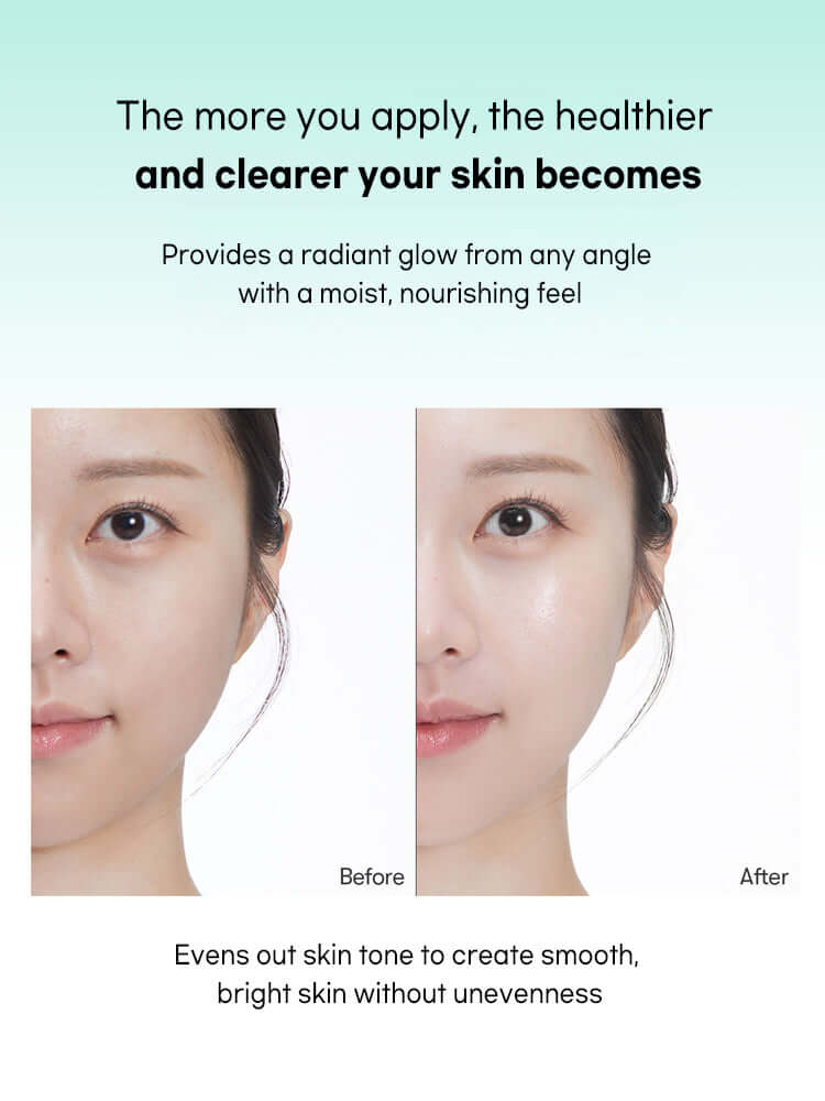 Before and after results showing clear skin achieved with VT PDRN Moist Tone Up Sun Essence 50g for radiant glow.