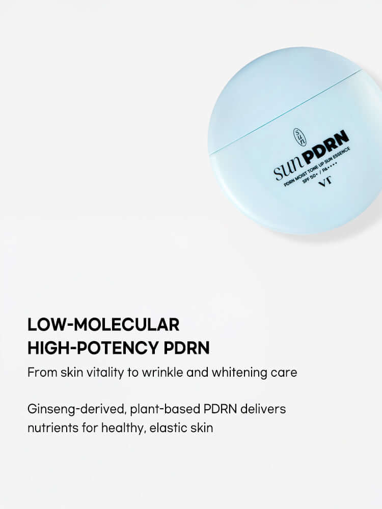 VT PDRN Moist Tone Up Sun Essence 50g packaging featuring low-molecular, high-potency PDRN for skincare benefits.
