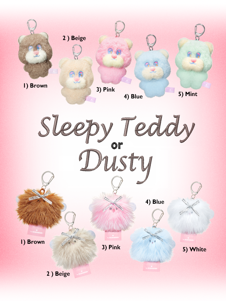 rom&nd Neonmoon doll Sleepy Teddy and Dusty plush keychains in different colors including brown, pink, blue, beige, mint, and white.