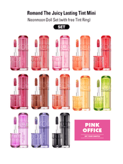 rom&nd juicy lasting tint Mini X Neonmoon doll set with free Tint Ring in vibrant color options.