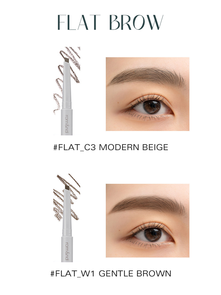 rom&nd Han All Flat / Sharp Brow shades #FLAT_C3 MODERN BEIGE and #FLAT_W1 GENTLE BROWN for naturally defined brows.