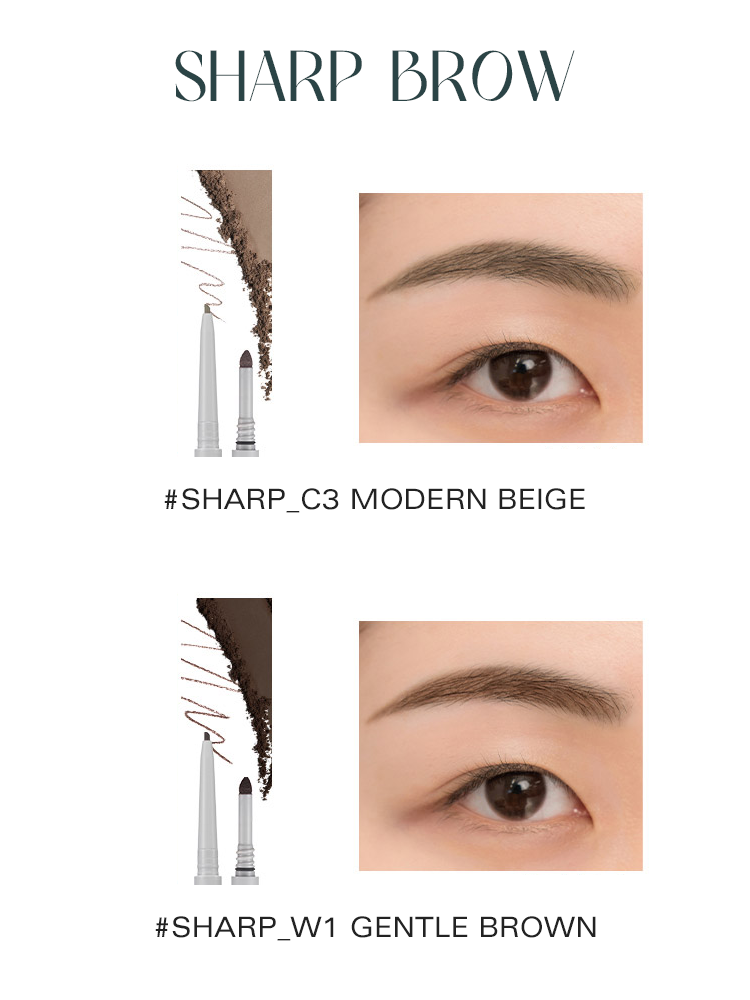 Image showing rom&nd Han All Flat / Sharp Brow shades #SHARP_C3 Modern Beige and #SHARP_W1 Gentle Brown with defined brows.