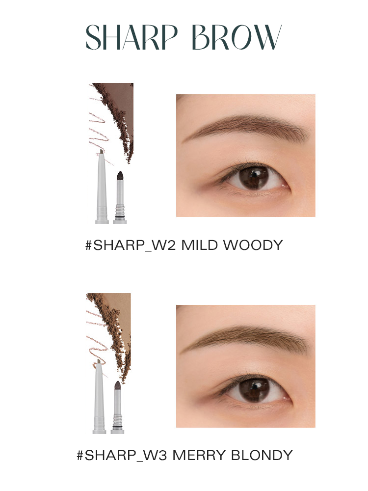rom&nd Han All Flat / Sharp Brow swatches for #SHARP_W2 MILD WOODY and #SHARP_W3 MERRY BLONDY showing defined brows.