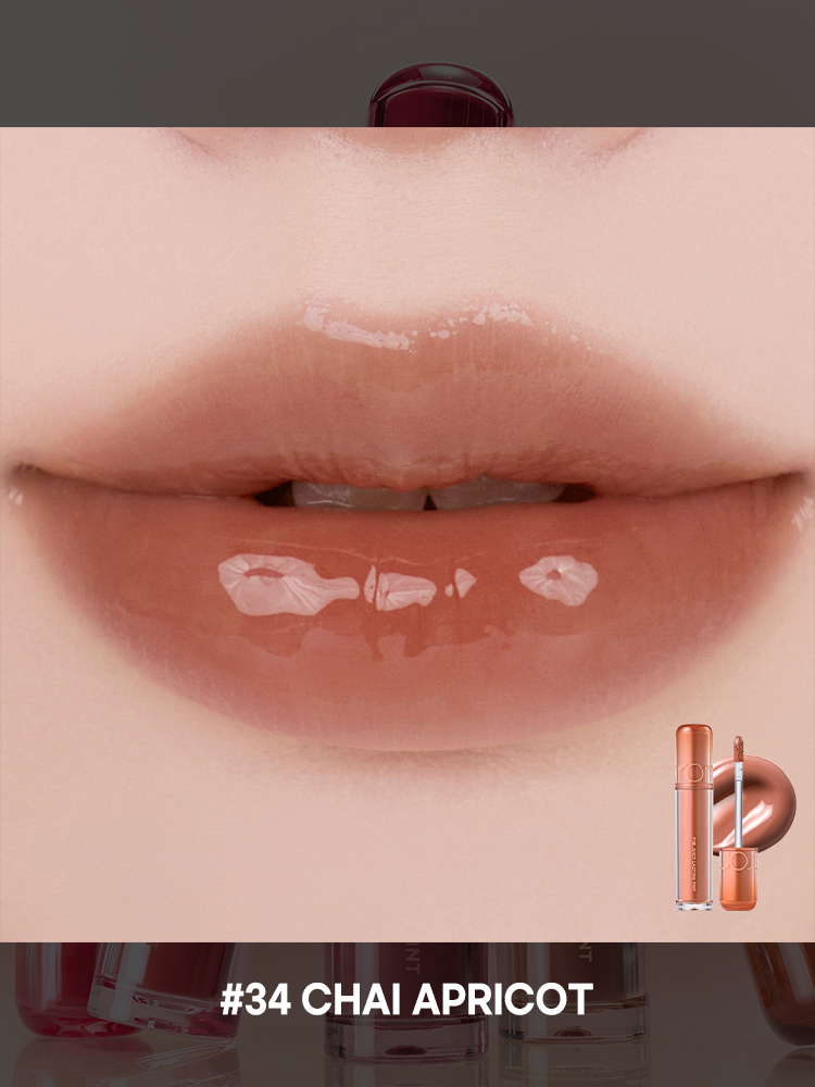romnd The Juicy Lasting Tint NEW WARM shade #34 Chai Apricot proven for a glossy finish on lips.
