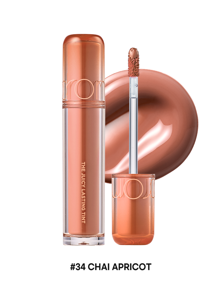 romnd The Juicy Lasting Tint NEW WARM in #34 Chai Apricot with applicator and glossy shade swatch
