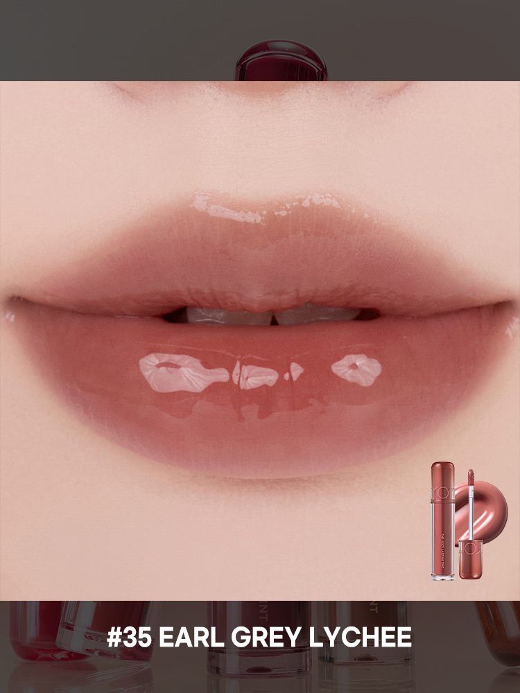 romnd The Juicy Lasting Tint NEW WARM #35 Earl Grey Lychee swatch on lips showcasing glossy finish